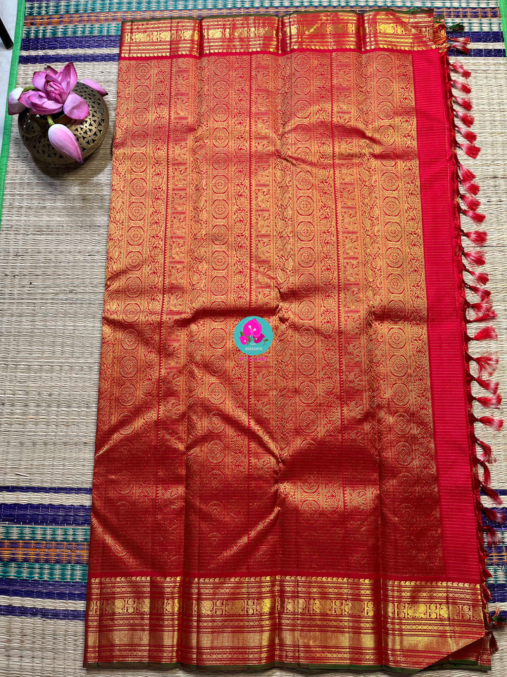 2g zari pure Kanchipattu traditional vaira oosi design on beautiful shade of red with peacock motifs
