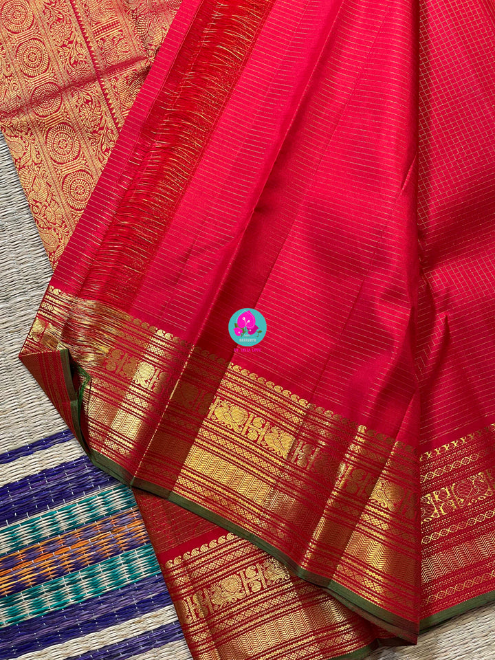 2g zari pure Kanchipattu traditional vaira oosi design on beautiful shade of red with peacock motifs