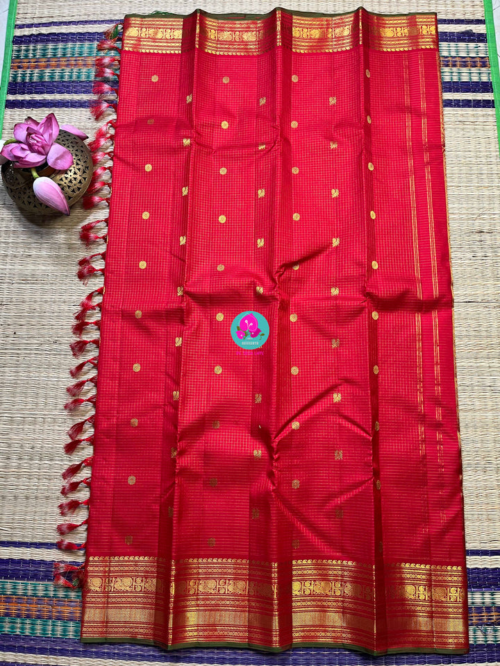 2g zari pure Kanchipattu traditional vaira oosi design on beautiful shade of red with peacock motifs