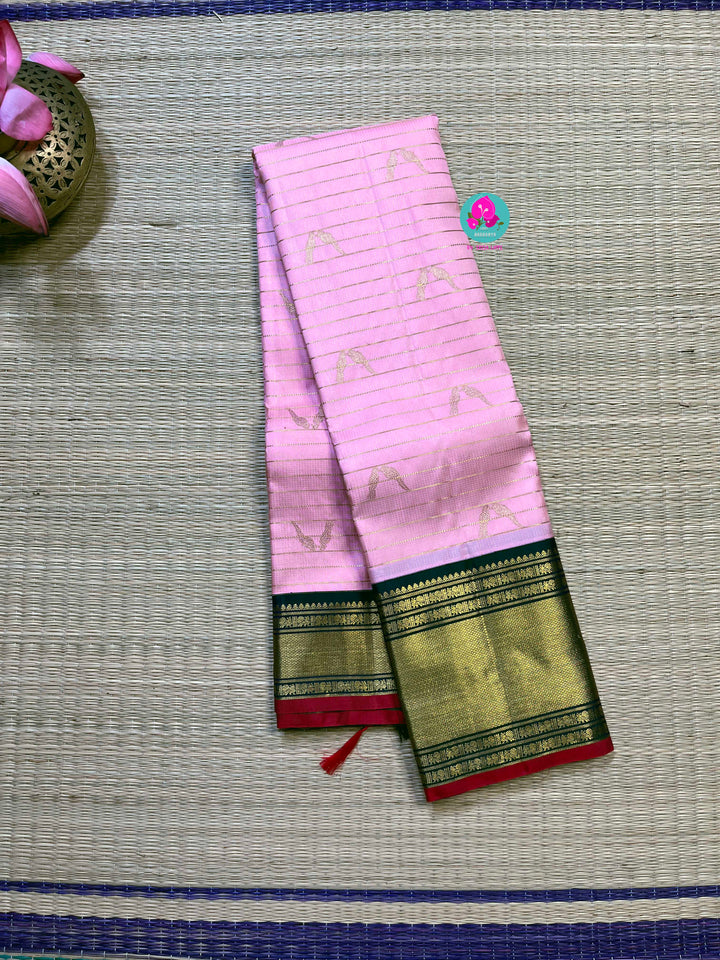 Kanchipattu handloom 3g zari traditional border saree with bird motifs