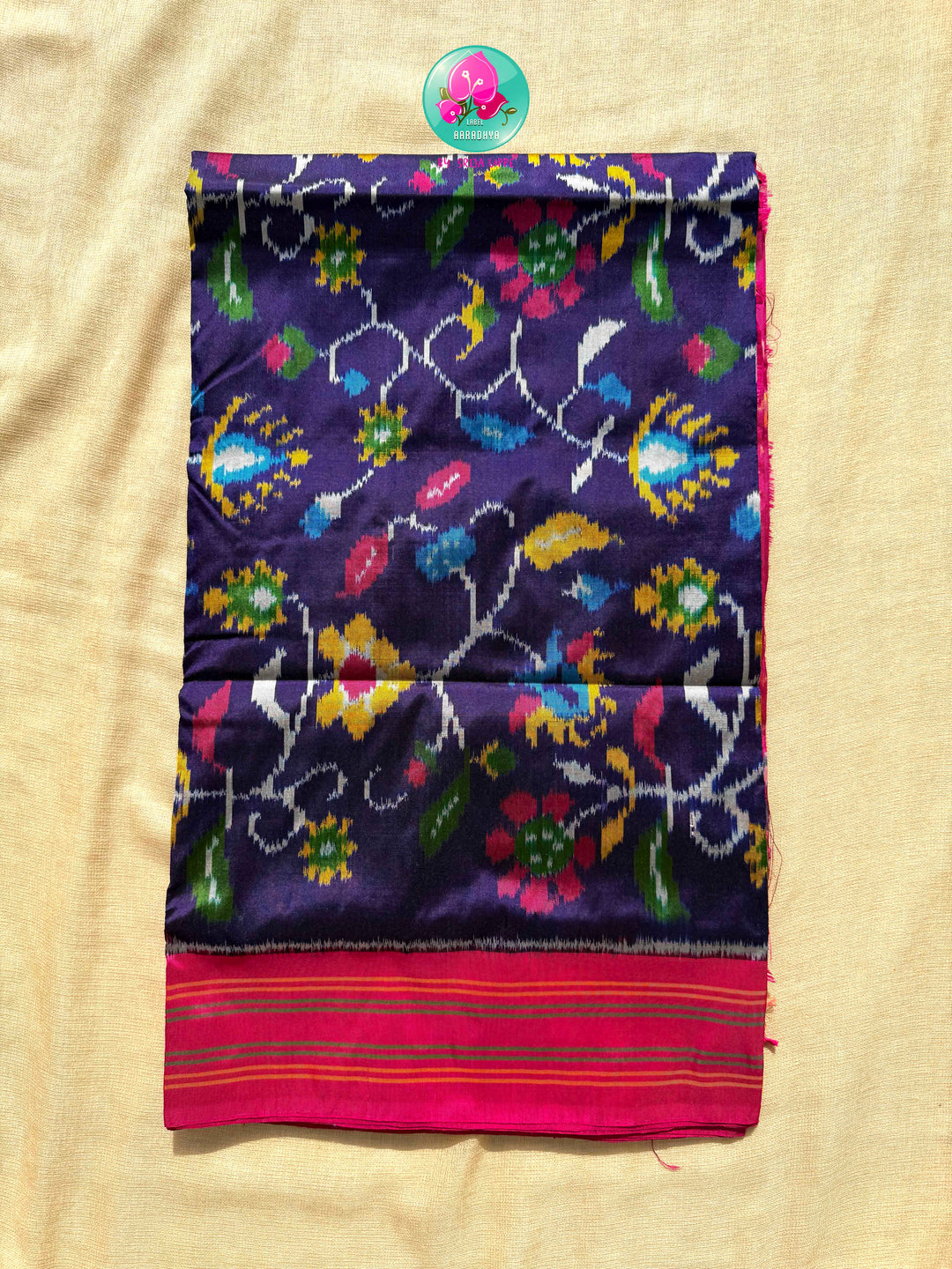Midnight Blossoms: The Navy Blue & Radiant Pink Pure Silk Ikkat Symphony