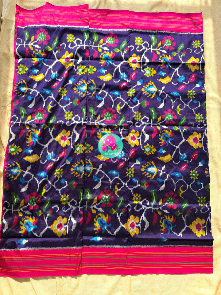Midnight Blossoms: The Navy Blue & Radiant Pink Pure Silk Ikkat Symphony