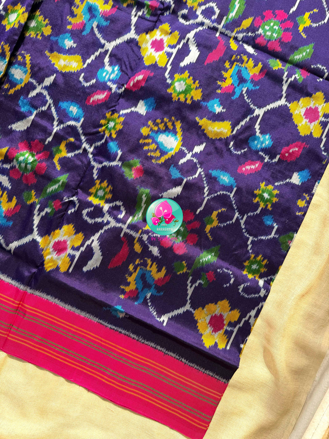 Midnight Blossoms: The Navy Blue & Radiant Pink Pure Silk Ikkat Symphony