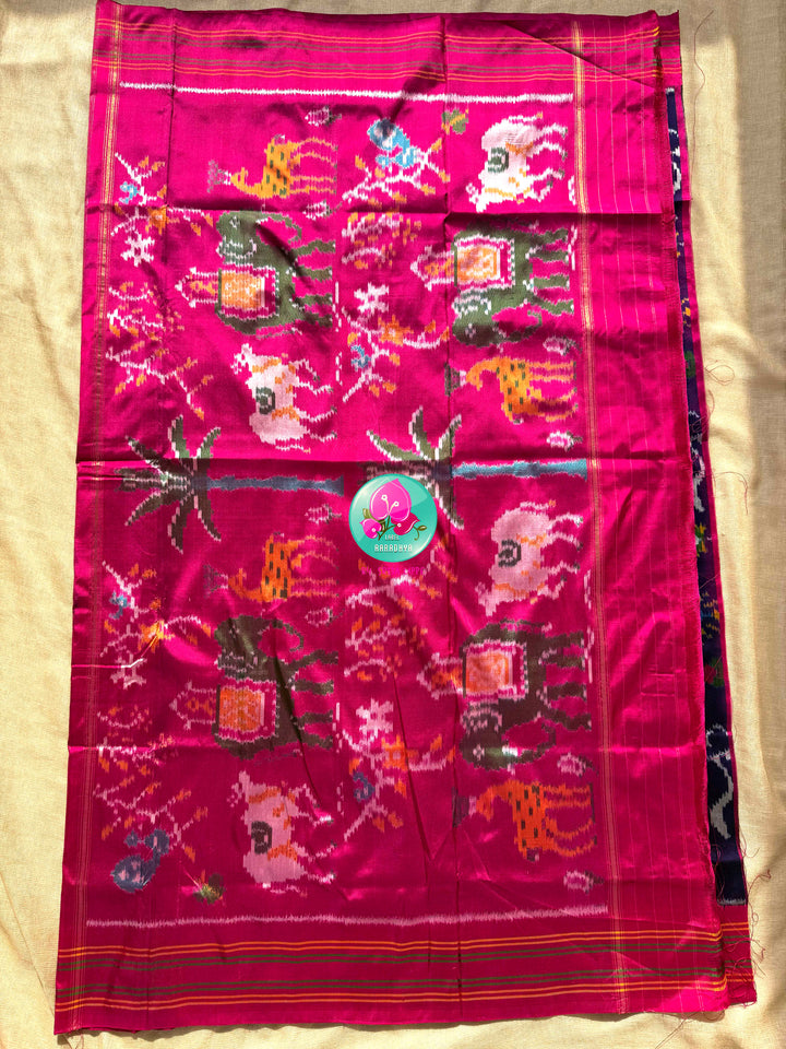 Midnight Blossoms: The Navy Blue & Radiant Pink Pure Silk Ikkat Symphony