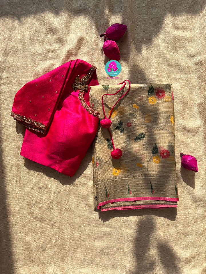 Silk Zari Kota Saree with Embroidered Bird Blouse