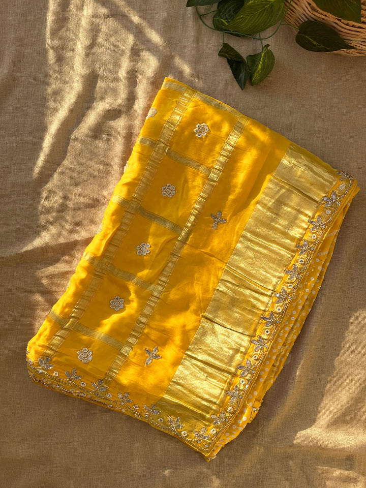 Yellow gajji  silk saree in Bandhani design and embroidery