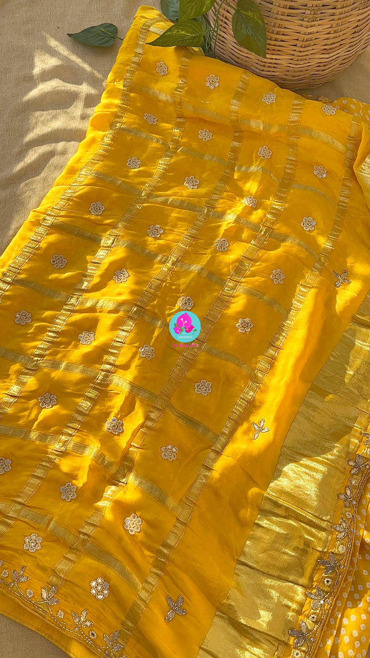 Yellow gajji  silk saree in Bandhani design and embroidery
