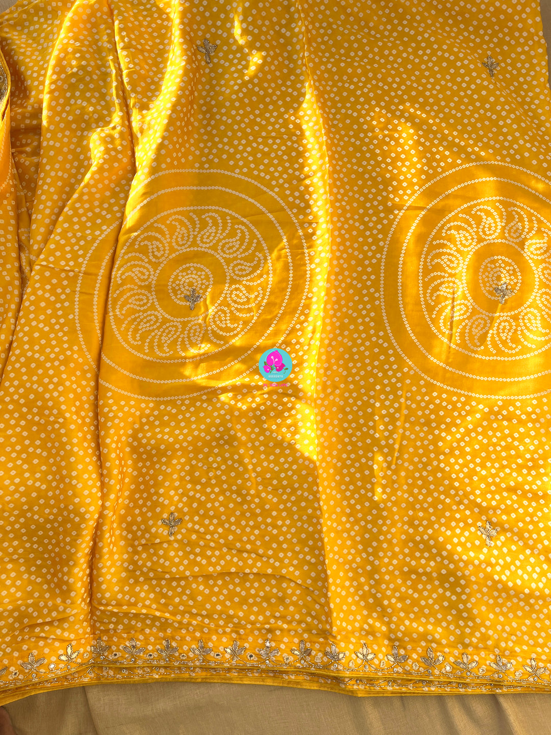 Yellow gajji  silk saree in Bandhani design and embroidery