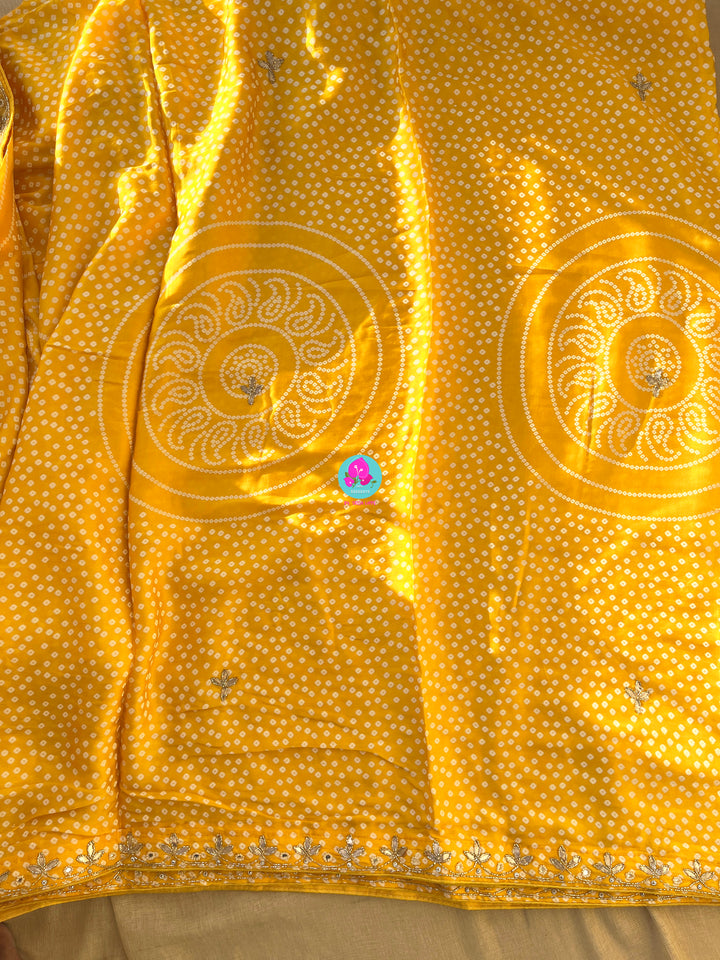Yellow gajji  silk saree in Bandhani design and embroidery
