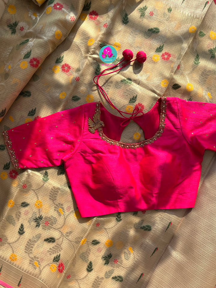 Silk Zari Kota Saree with Embroidered Bird Blouse