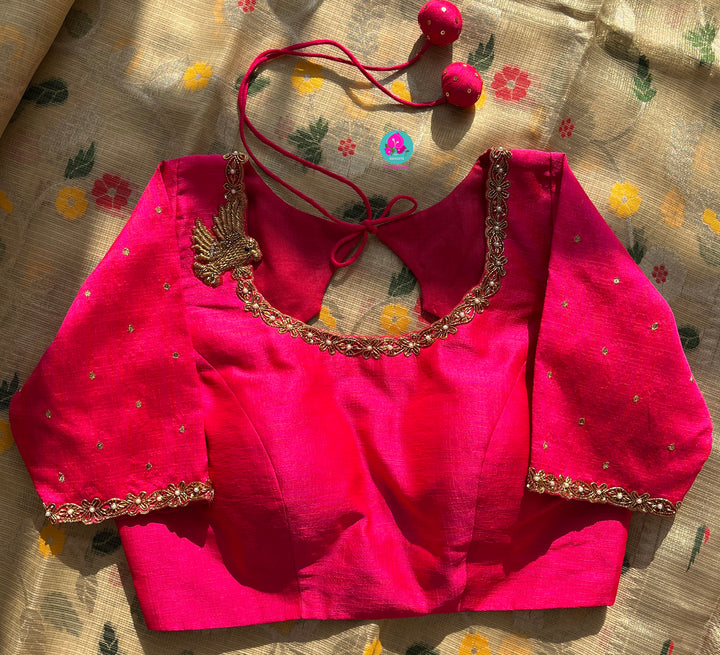 Dual tone Rawsilk Blouse with bird hand embroidery
