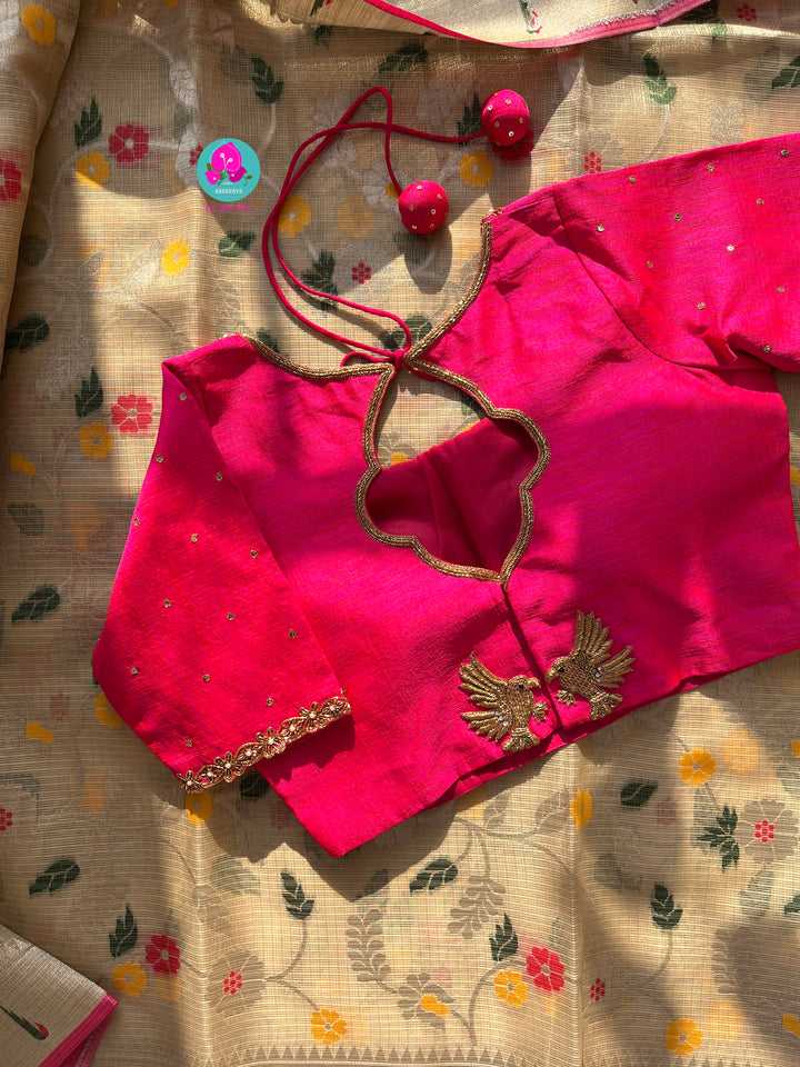 Silk Zari Kota Saree with Embroidered Bird Blouse