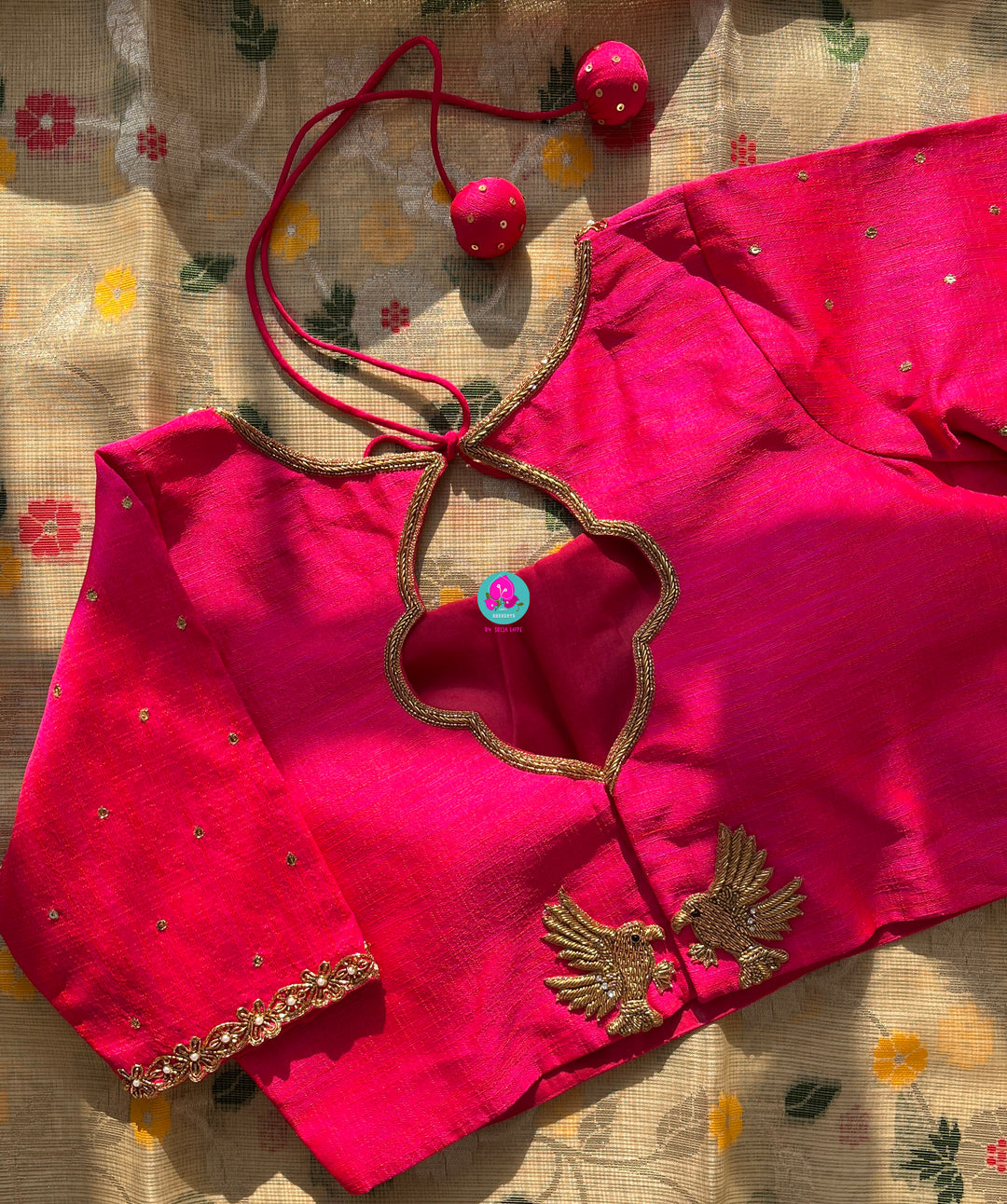 Dual tone Rawsilk Blouse with bird hand embroidery
