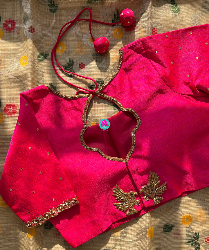 Dual tone Rawsilk Blouse with bird hand embroidery