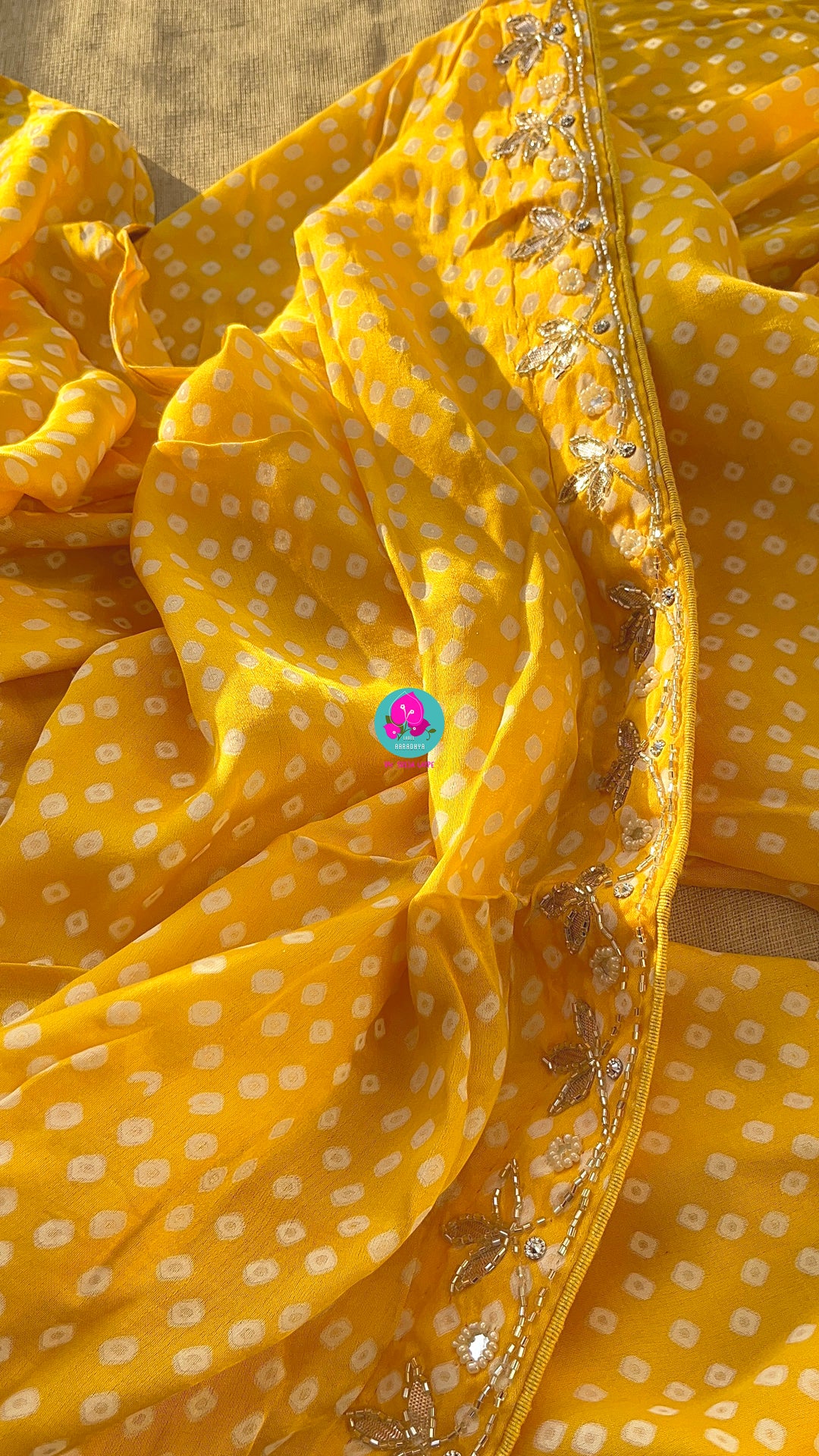 Yellow gajji  silk saree in Bandhani design and embroidery