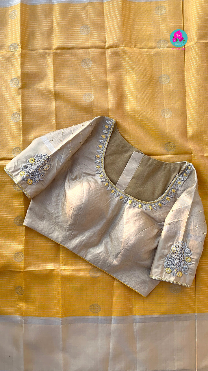 Yellow pure soft silk saree with squirrel grey blouse