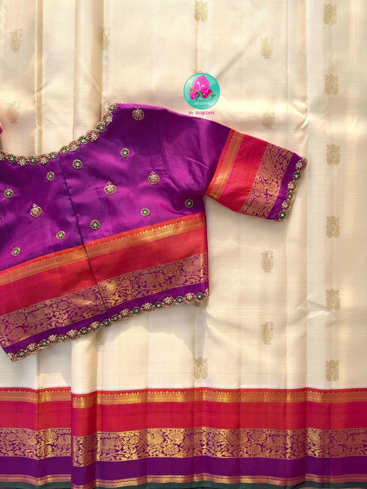 Celestial Ivory: The Pure Handloom Kanjivaram with Surya-Chandrulu Artistry
