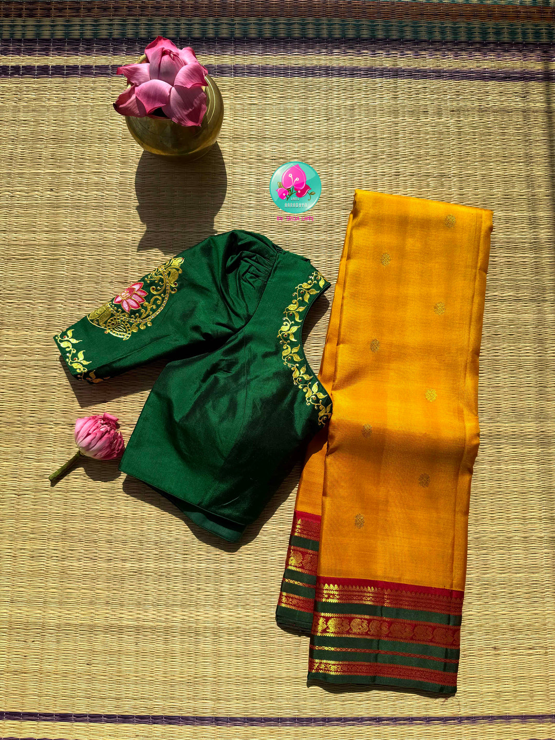Gilded Sunshine: The Mustard Yellow Kanjeevaram & Emerald Tanjore Masterpiece