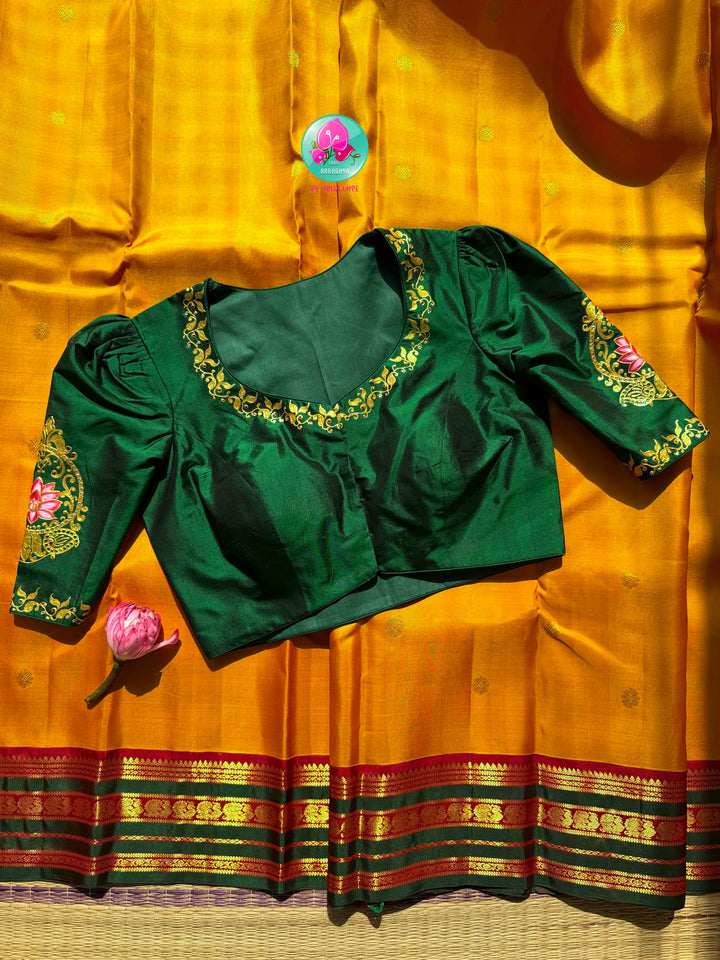 Gilded Sunshine: The Mustard Yellow Kanjeevaram & Emerald Tanjore Masterpiece