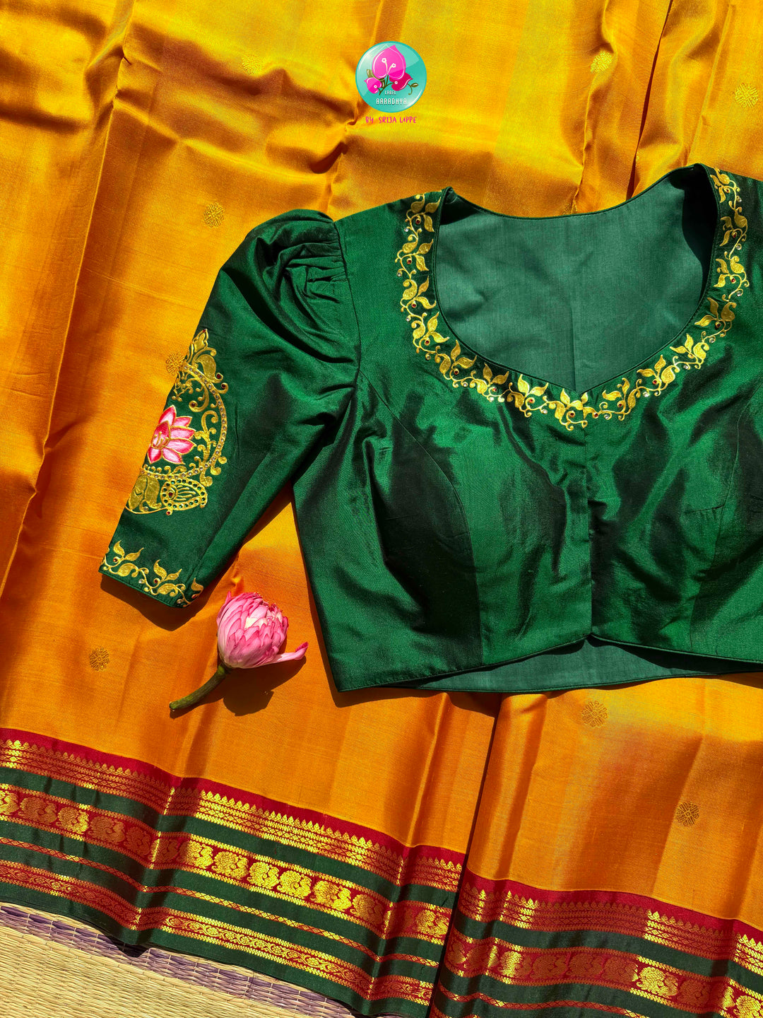 Gilded Sunshine: The Mustard Yellow Kanjeevaram & Emerald Tanjore Masterpiece