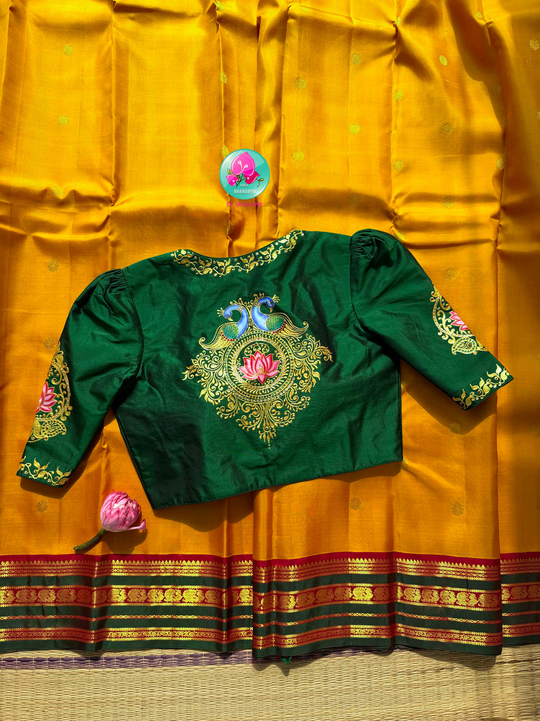 Gilded Sunshine: The Mustard Yellow Kanjeevaram & Emerald Tanjore Masterpiece