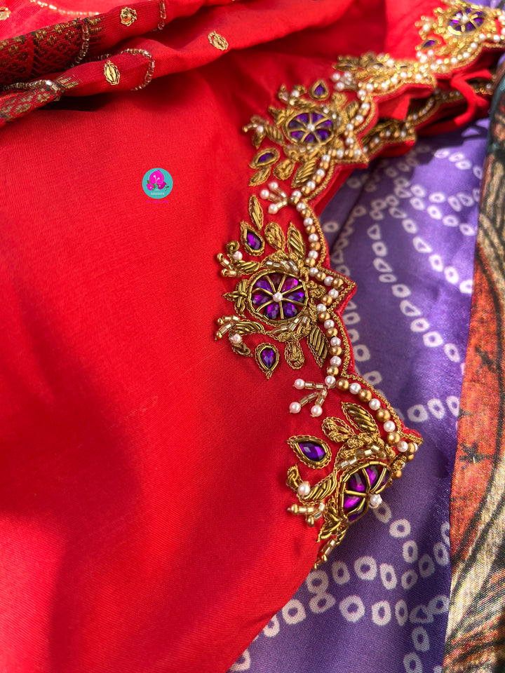 Pure silk lavender bandhani Kalamkari print saree(done tassels) & with hand embroidered blouse
