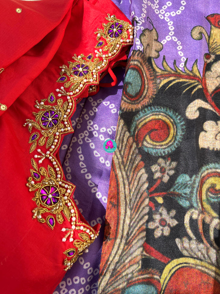 Pure silk lavender bandhani Kalamkari print saree(done tassels) & with hand embroidered blouse