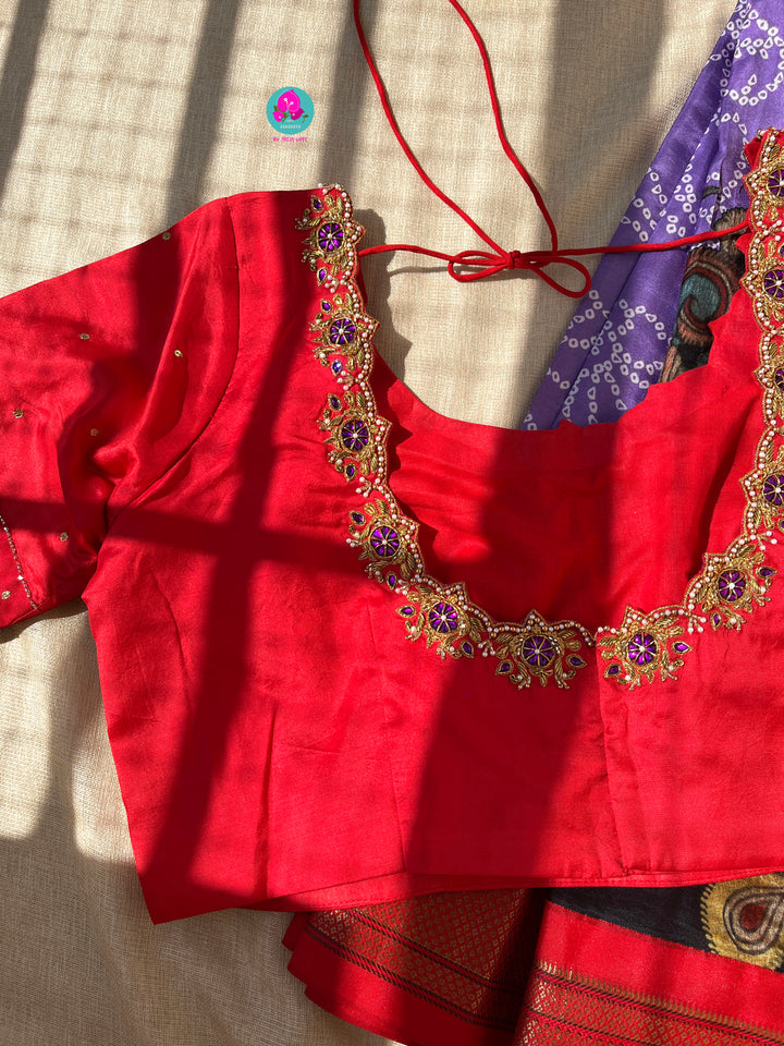 Pure silk lavender bandhani Kalamkari print saree(done tassels) & with hand embroidered blouse
