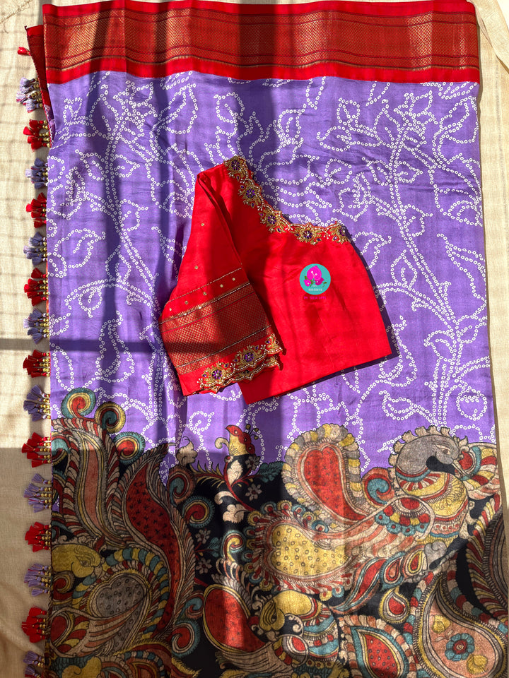 Pure silk lavender bandhani Kalamkari print saree(done tassels) & with hand embroidered blouse