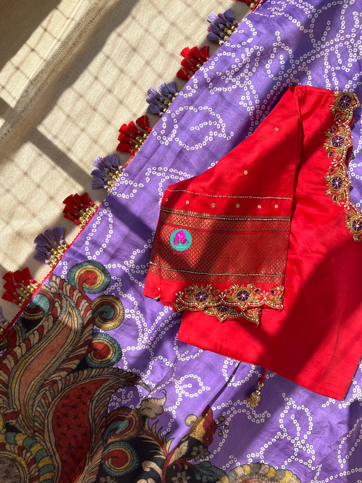 Pure silk lavender bandhani Kalamkari print saree(done tassels) & with hand embroidered blouse