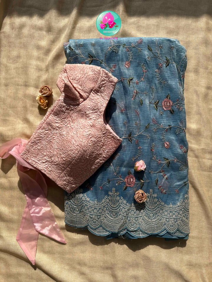 Rose Quartz Serenade: Soft Crushed Organza & Embossed Rose Masterpiece