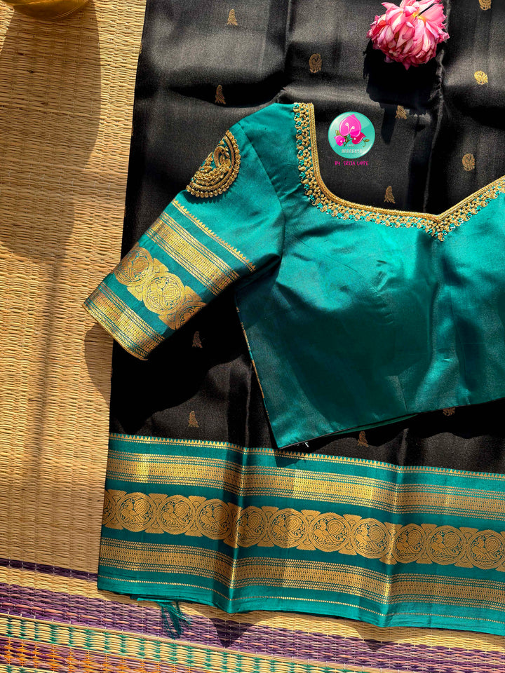 Midnight Tide: Pure Handloom Kanjivaram in Obsidian Black & Sea Blue