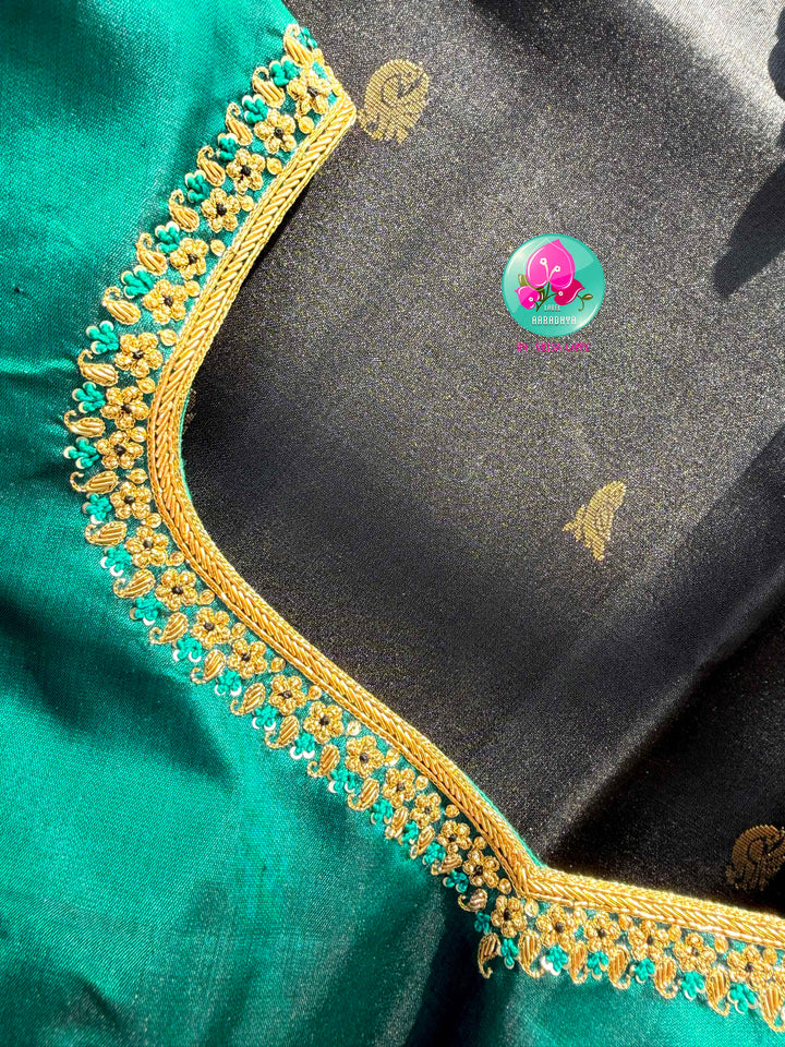 Midnight Tide: Pure Handloom Kanjivaram in Obsidian Black & Sea Blue