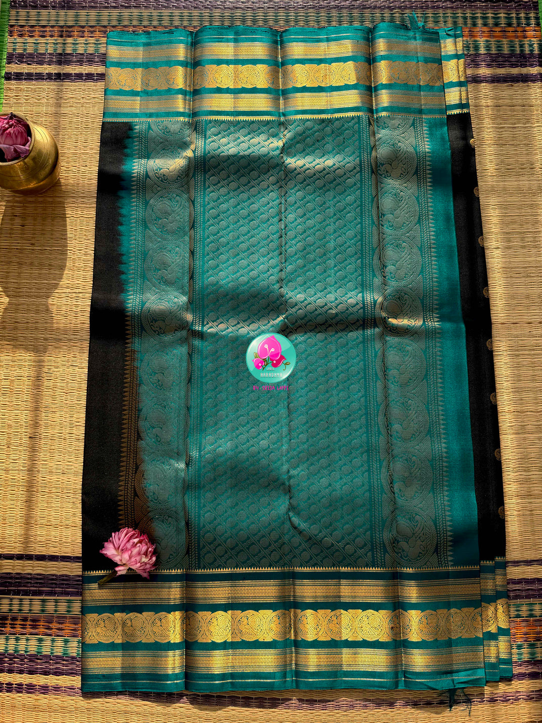 Midnight Tide: Pure Handloom Kanjivaram in Obsidian Black & Sea Blue