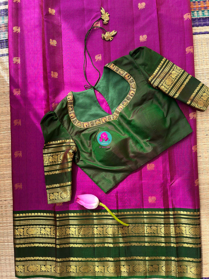 Pure Kanchipattu handloom dark magenta with deep green blouse