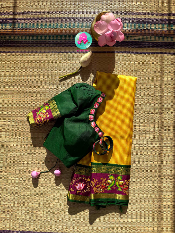 Solar Radiance: The Midday Yellow & Hand-Painted Tanjore Kanchipattu Saree