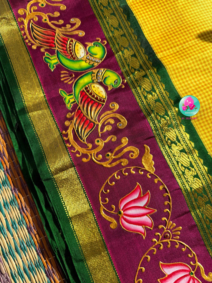 Solar Radiance: The Midday Yellow & Hand-Painted Tanjore Kanchipattu Saree