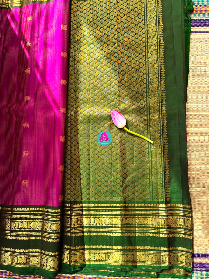Pure Kanchipattu handloom dark magenta with deep green blouse