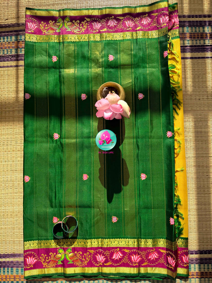 Solar Radiance: The Midday Yellow & Hand-Painted Tanjore Kanchipattu Saree