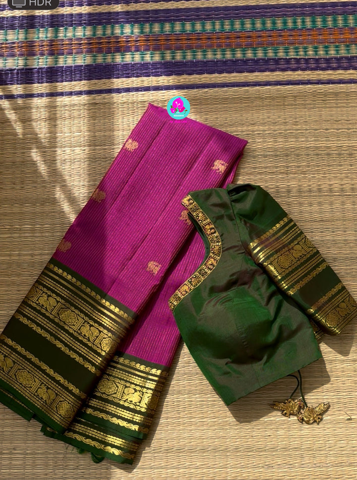 Pure Kanchipattu handloom dark magenta with deep green blouse