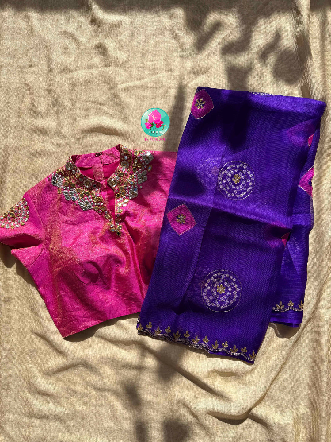 Gilded Zephyr: Pure Purple Kota Silk Bandhani & Shimmering Tissue Masterpiece