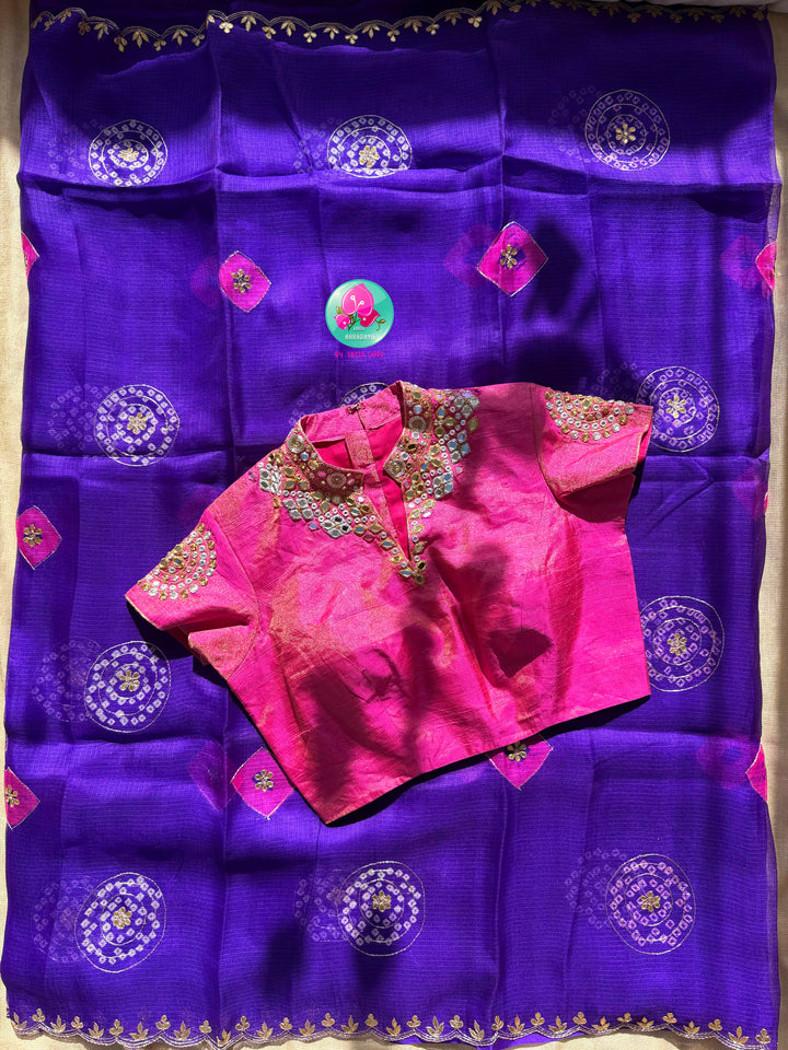 Gilded Zephyr: Pure Purple Kota Silk Bandhani & Shimmering Tissue Masterpiece