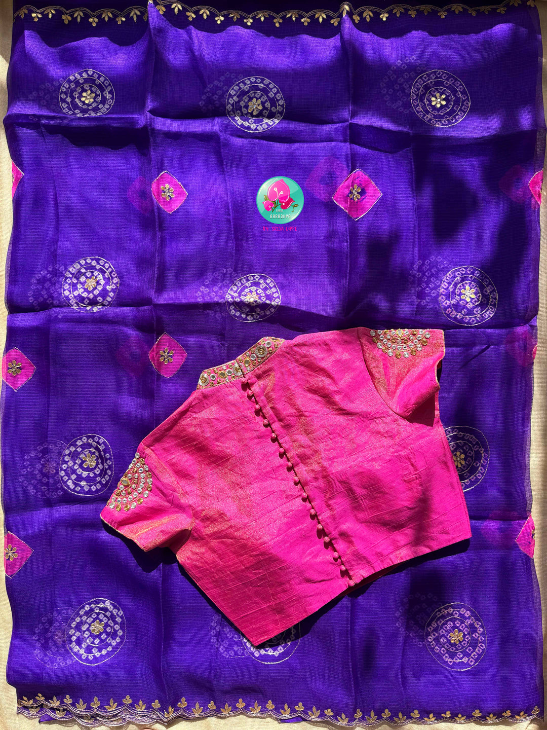 Gilded Zephyr: Pure Purple Kota Silk Bandhani & Shimmering Tissue Masterpiece