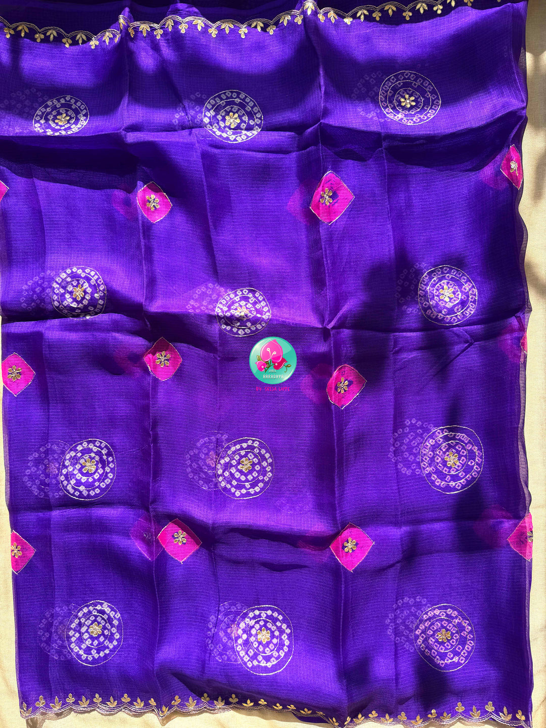 Gilded Zephyr: Pure Purple Kota Silk Bandhani & Shimmering Tissue Masterpiece