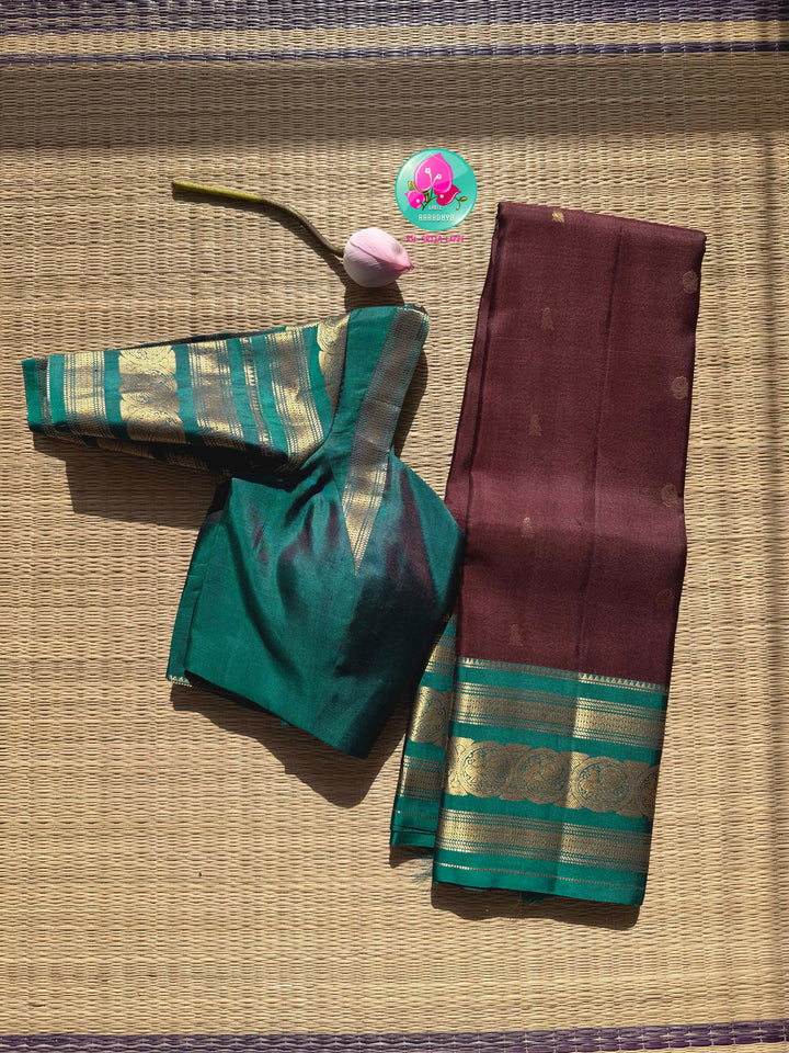 Earth & Ether: The Brown & Teal Blue Handloom Kanchipattu Saree