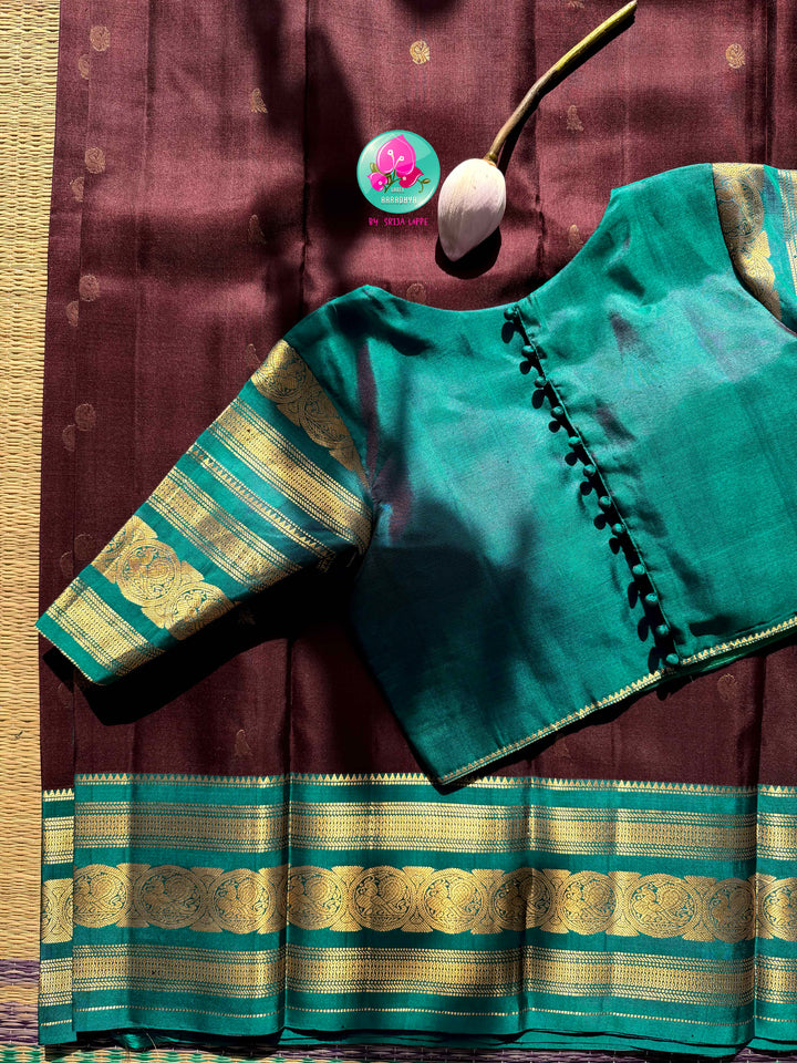 Earth & Ether: The Brown & Teal Blue Handloom Kanchipattu Saree