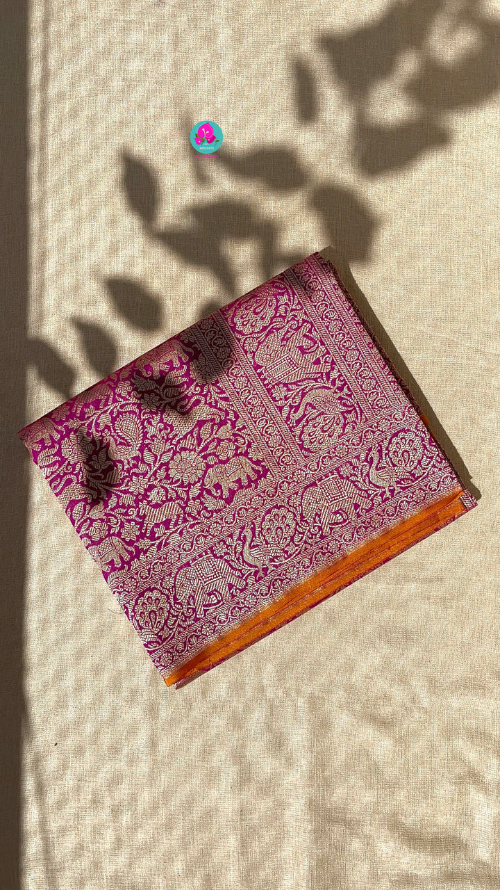 Banarasi Silk Saree with Vintage Shikarga Design - Magenta