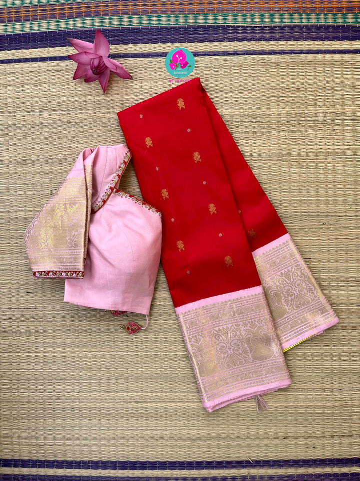 Pure Kanchipattu Red Saree with Hand embroidered Pink blouse