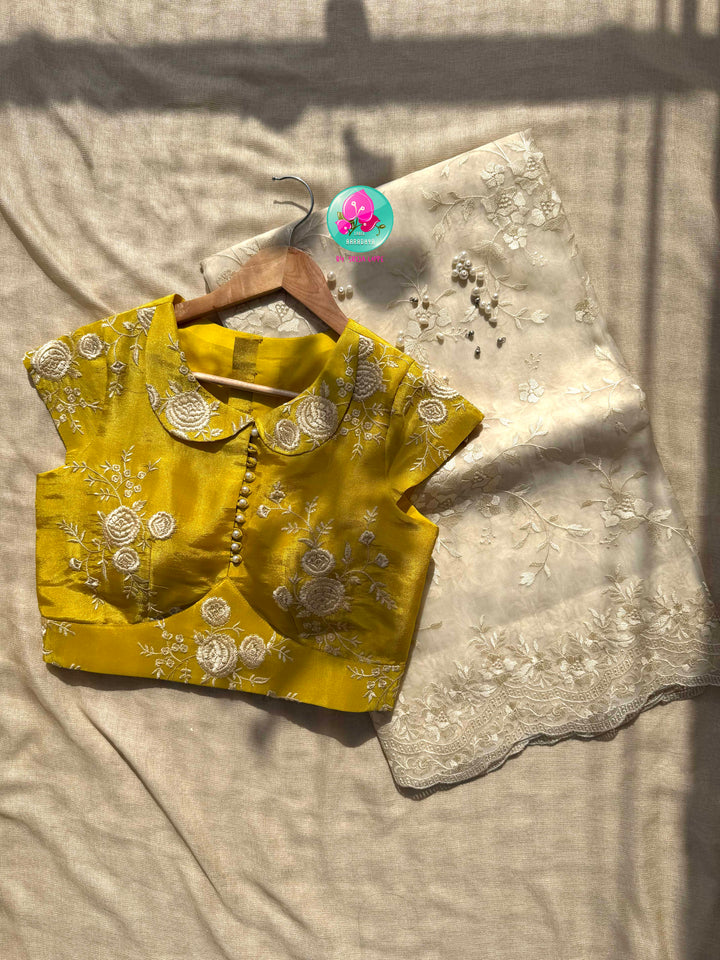 Pastel Sunshine: Thread Embroidered Organza & Luminous Yellow Tissue Masterpiece