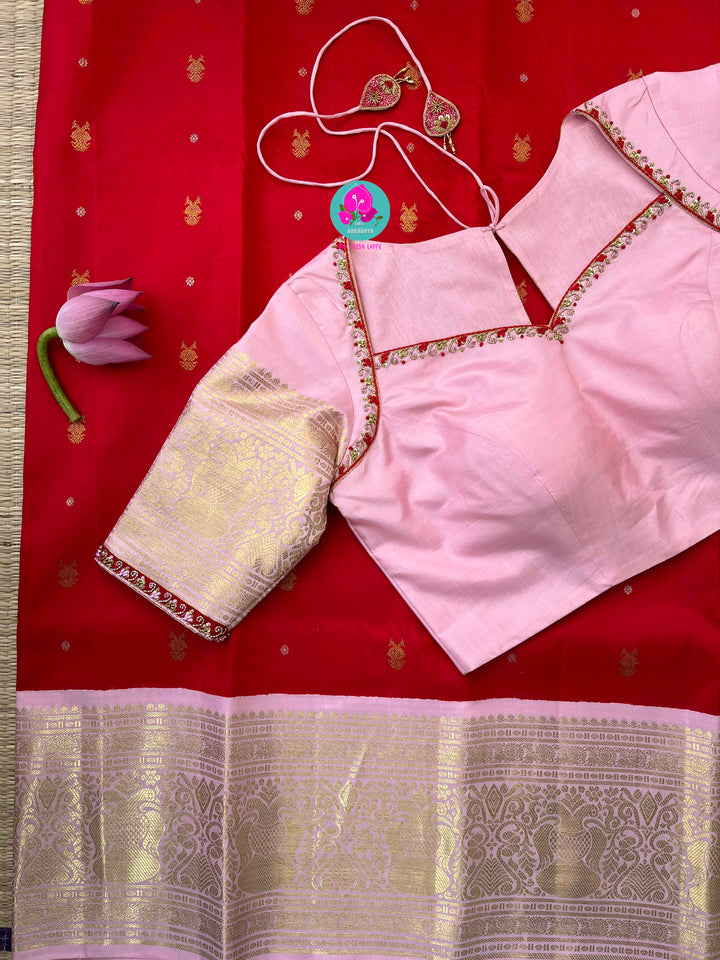 Pure Kanchipattu Red Saree with Hand embroidered Pink blouse